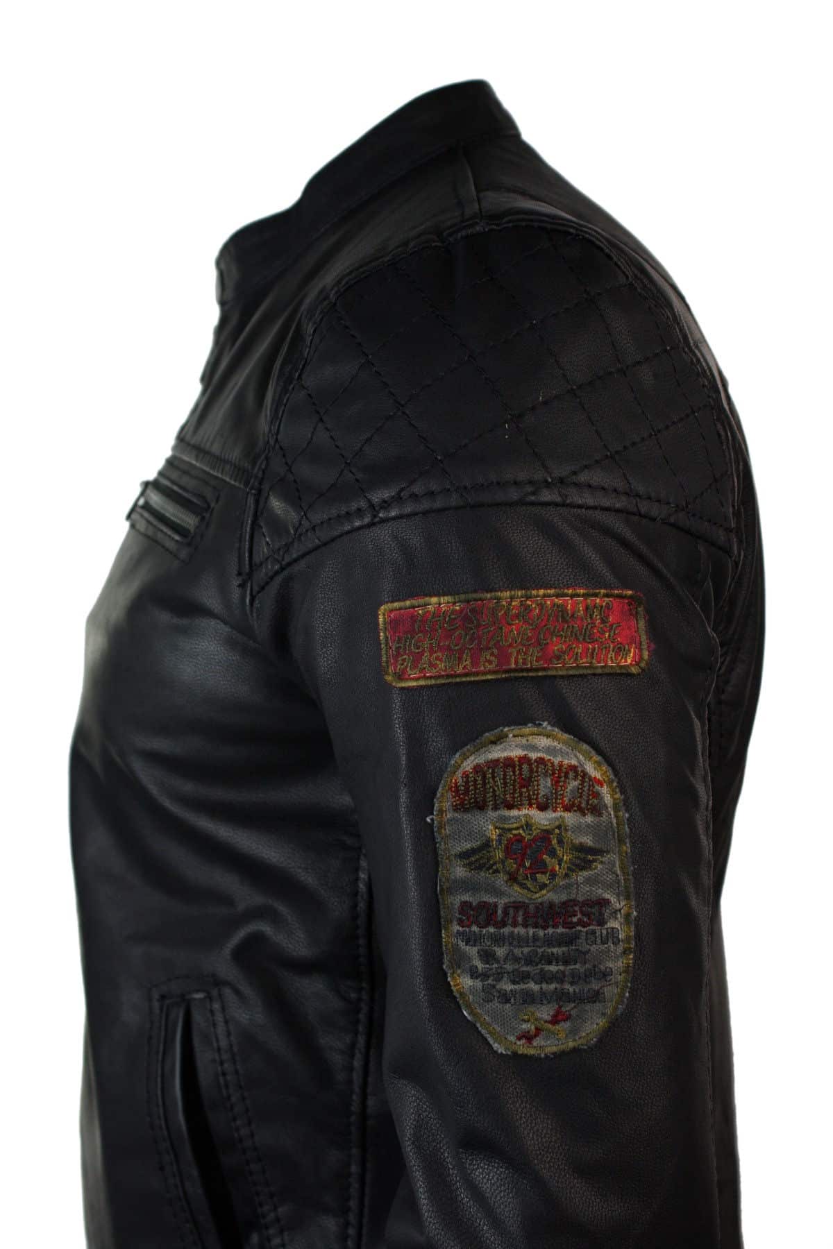 Ehtne pärisnahast meeste must õhuke lõige retro vintage vabaaja bikerstiilis jope rinnamärkidega