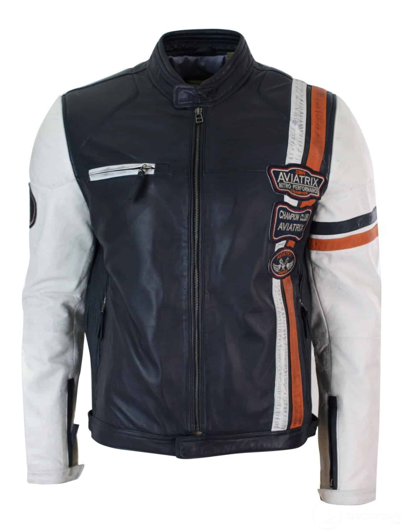 Ehtne nahast retro vintage tumesinine valge meeste bikerjakk embleemi disainiga vabaaja