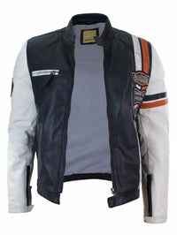 Ehtne nahast retro vintage tumesinine valge meeste bikerjakk embleemi disainiga vabaaja