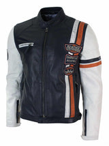 Ehtne nahast retro vintage tumesinine valge meeste bikerjakk embleemi disainiga vabaaja