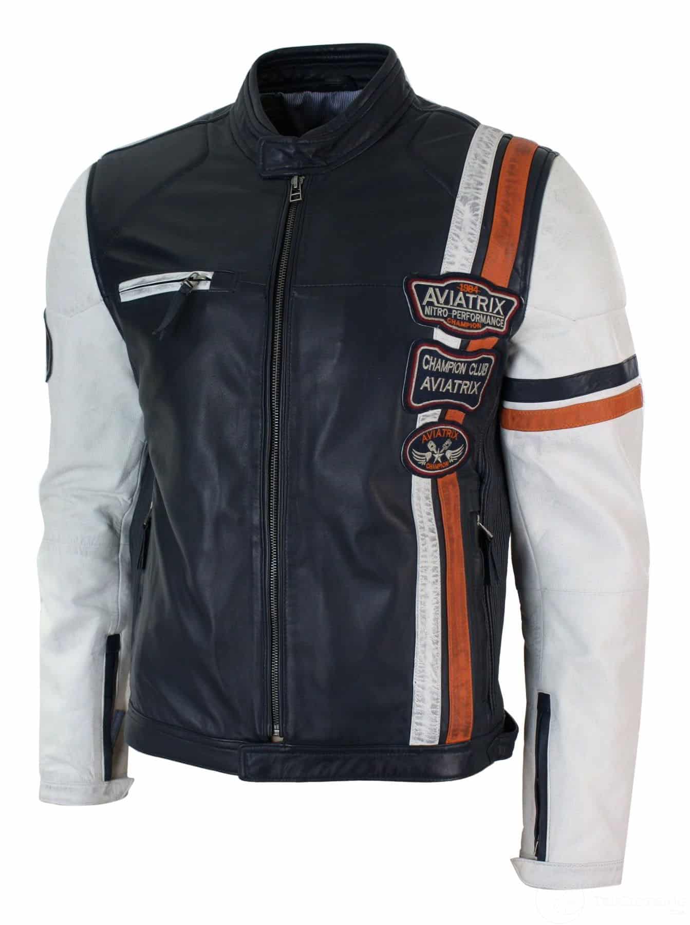 Ehtne nahast retro vintage tumesinine valge meeste bikerjakk embleemi disainiga vabaaja