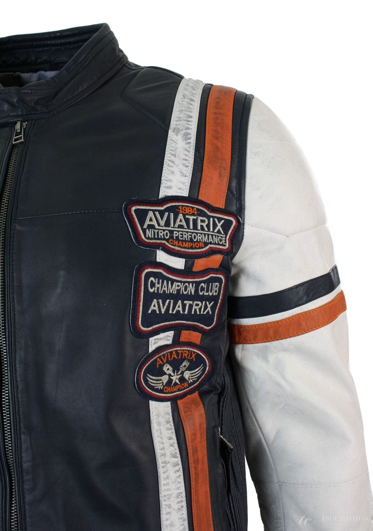 Ehtne nahast retro vintage tumesinine valge meeste bikerjakk embleemi disainiga vabaaja