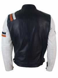 Ehtne nahast retro vintage tumesinine valge meeste bikerjakk embleemi disainiga vabaaja