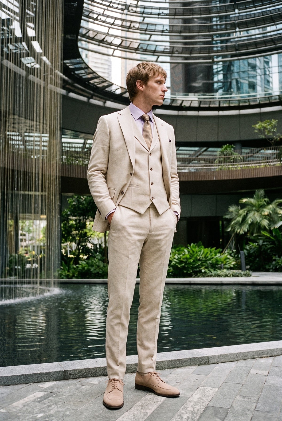 Look #948 styled with TP-21 meeste beež kolmeosaline linane suvine pulmaülikond