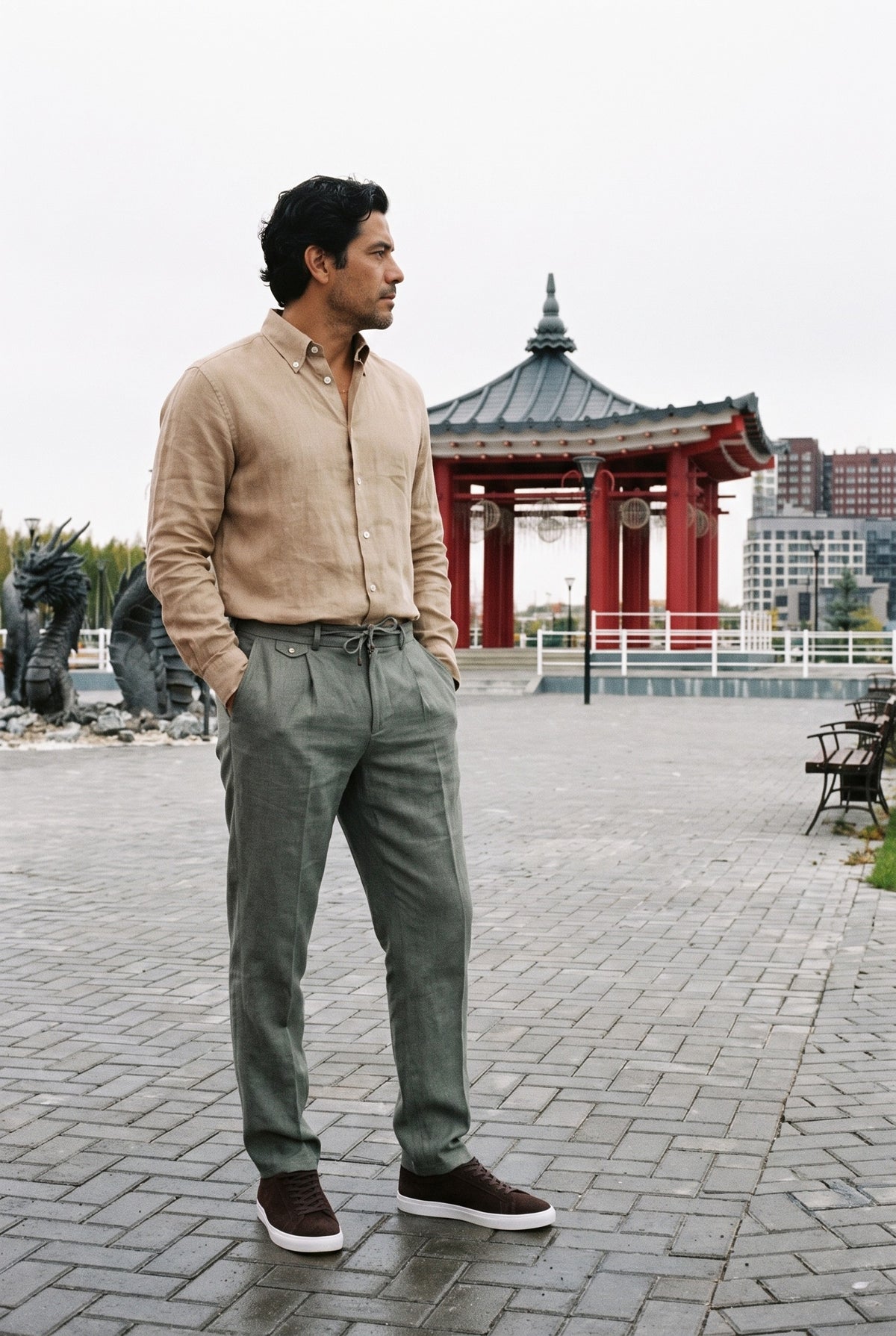 Look #1030 styled with Meeste kaamelipruun puhaslinane pikkade varrukatega nööpidega suvesärk