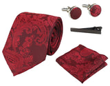Paisley kaelusega punane lips, kinkekomplekt, taskurätik, mansetinööbid, lilleline satiinlips