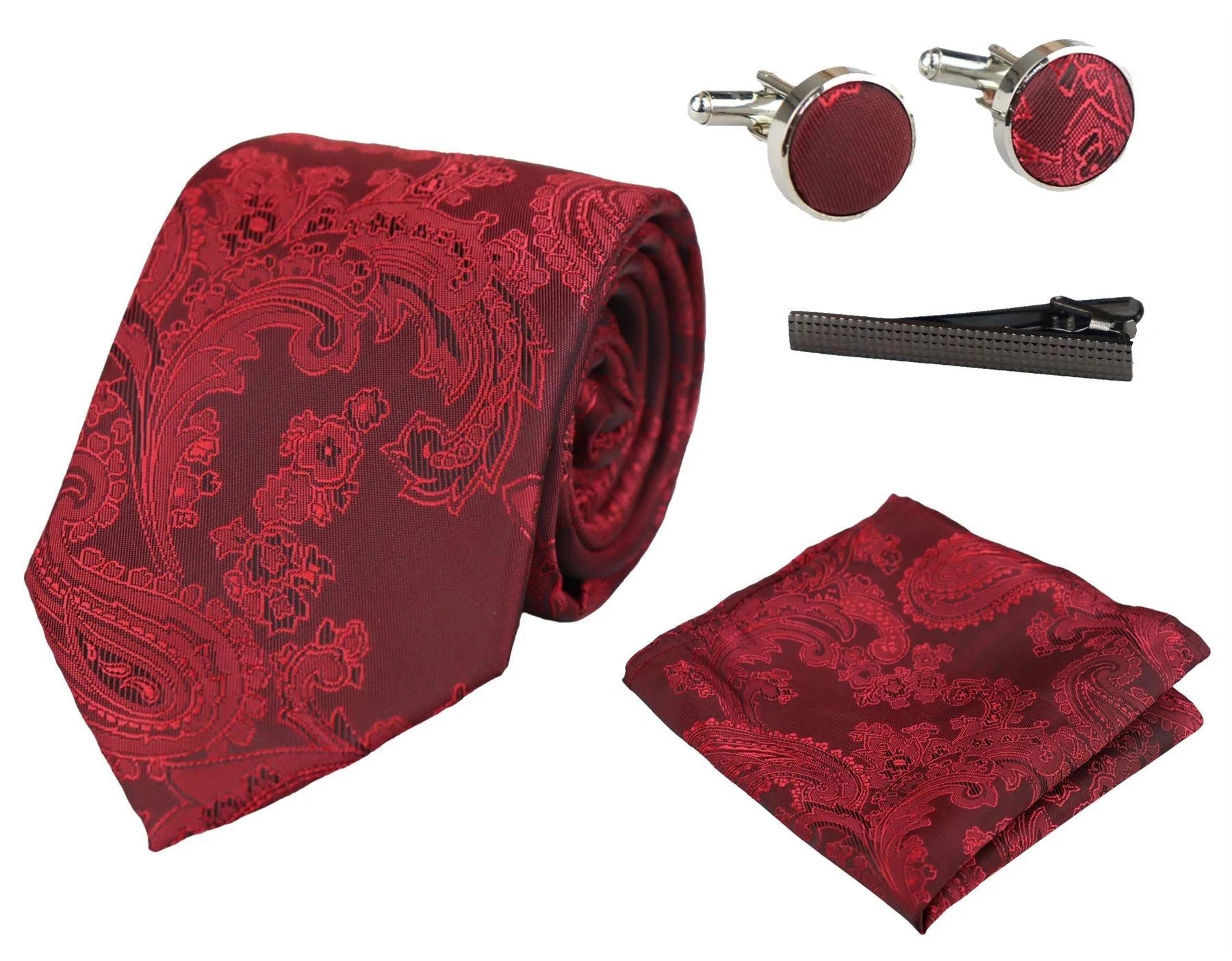 Paisley kaelusega punane lips, kinkekomplekt, taskurätik, mansetinööbid, lilleline satiinlips