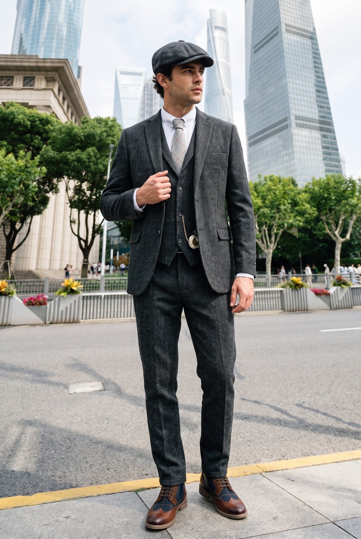 Look #882 styled with Meeste süsihall kolmeosaline tviidülikond kalasabamustriga - STZ11