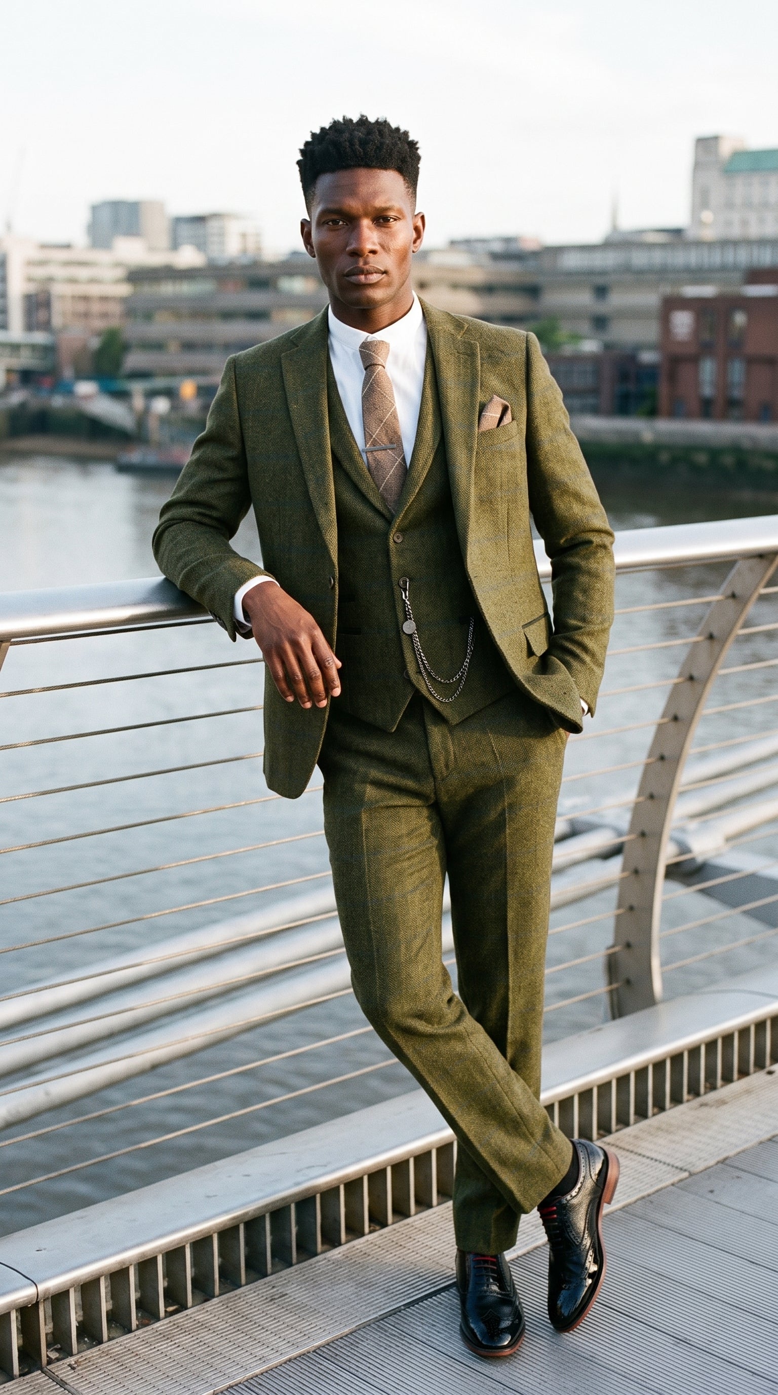 Look #715 styled with Meeste kolmeosaline villane tviidülikond rohelise, sinise ja pruuni ruudulise mustriga 1920ndate Gatsby mustriga