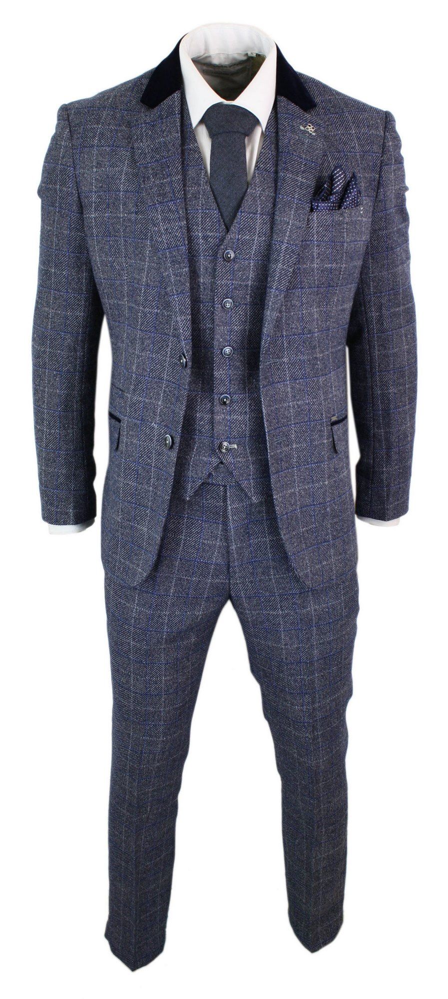 Cavani Miles - meeste tumesinine kolmeosaline tviidülikond kalasabamustriga, vintage Peaky Blinders 1920ndate retro