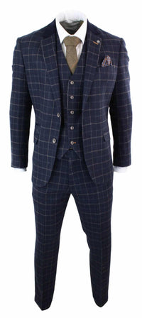 Cavani Shelby - meeste tumesinine kolmeosaline kalasabamustriga ruuduline ülikond vintage retro Peaky Blinders tviidülikond