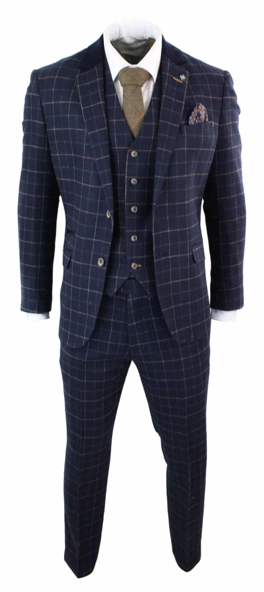 Cavani Shelby - meeste tumesinine kolmeosaline kalasabamustriga ruuduline ülikond vintage retro Peaky Blinders tviidülikond