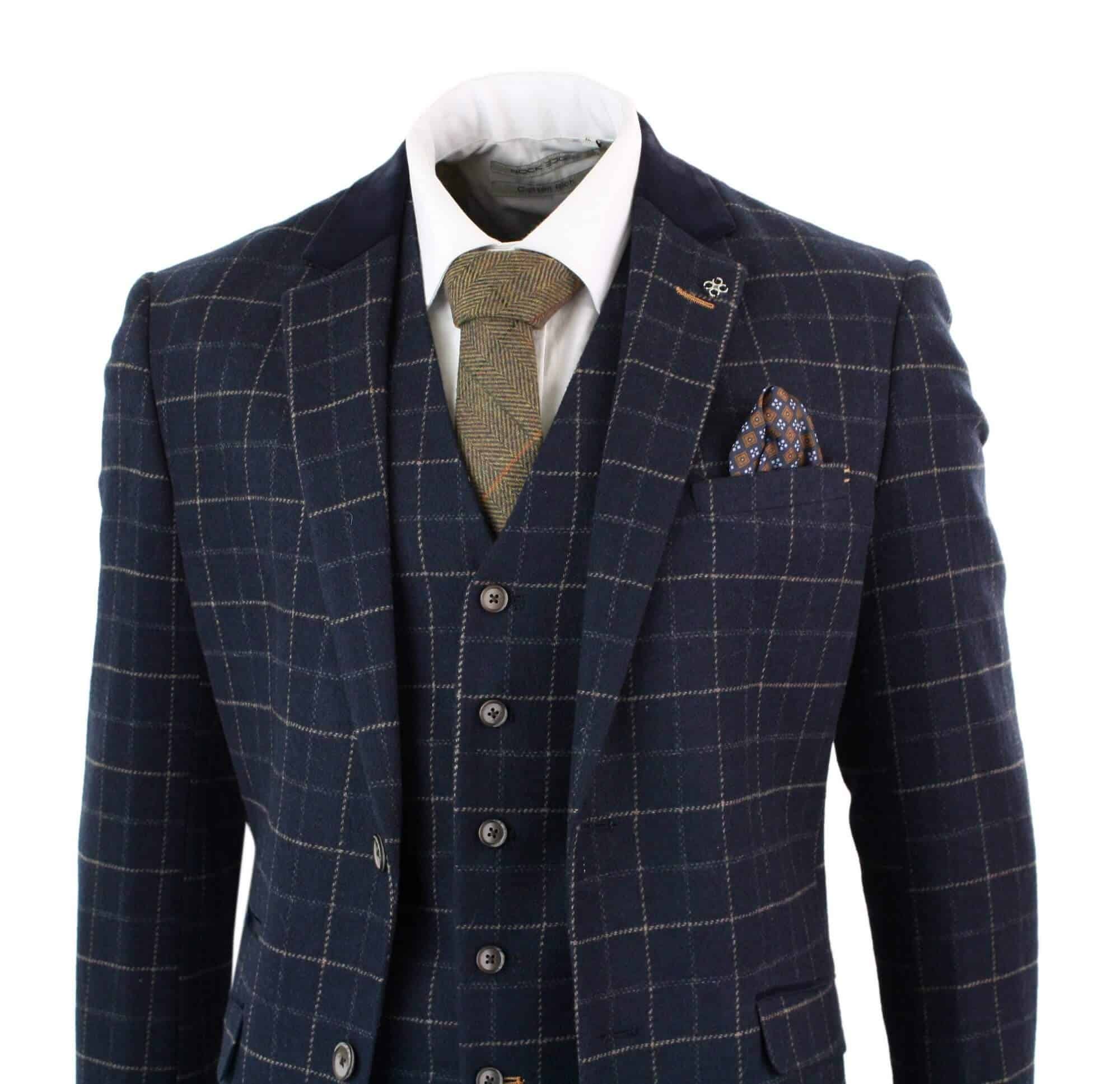 Cavani Shelby - meeste tumesinine kolmeosaline kalasabamustriga ruuduline ülikond vintage retro Peaky Blinders tviidülikond