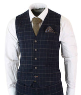 Cavani Shelby - meeste tumesinine kolmeosaline kalasabamustriga ruuduline ülikond vintage retro Peaky Blinders tviidülikond