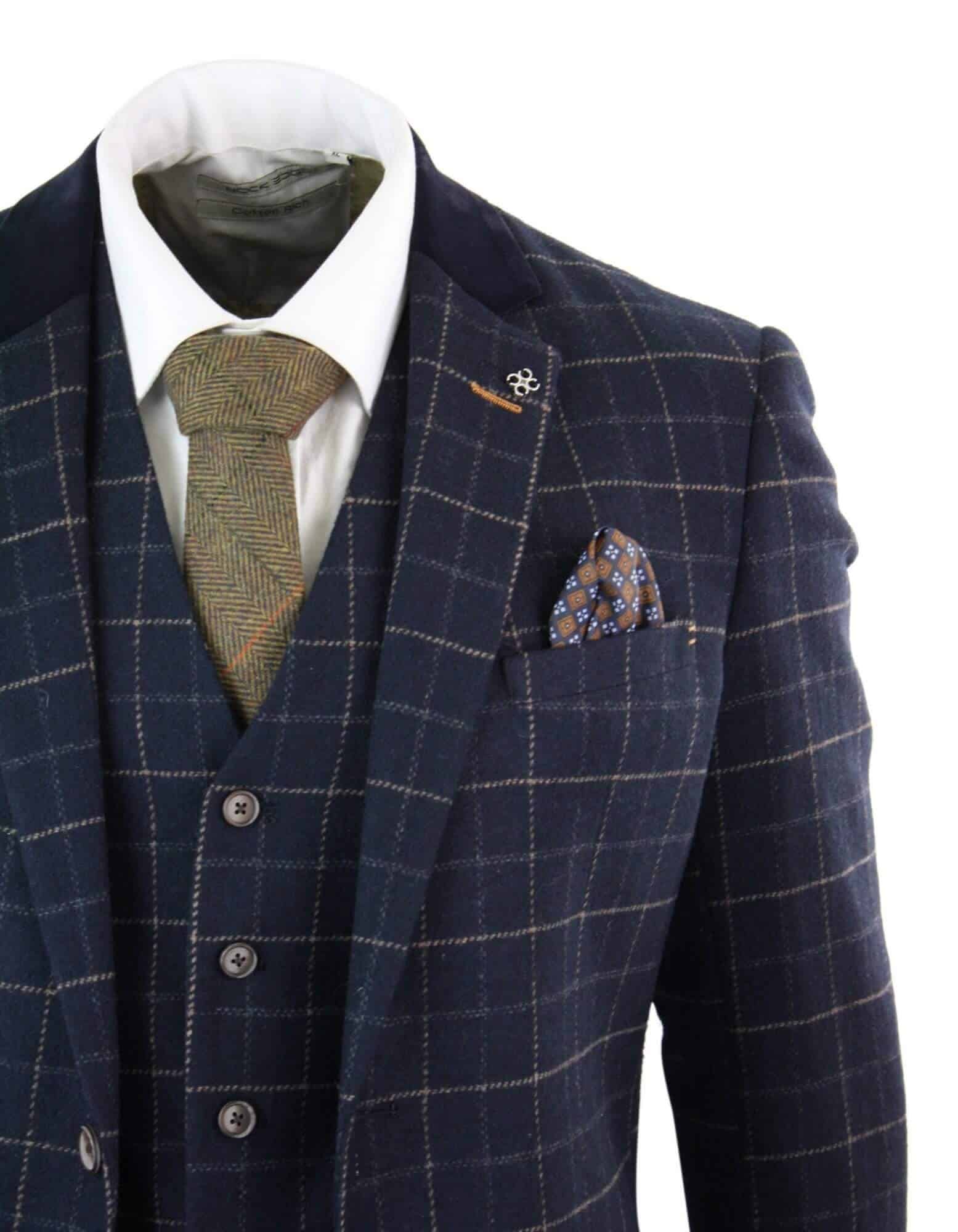 Cavani Shelby - meeste tumesinine kolmeosaline kalasabamustriga ruuduline ülikond vintage retro Peaky Blinders tviidülikond