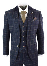 Cavani Shelby - meeste tumesinine kolmeosaline kalasabamustriga ruuduline ülikond vintage retro Peaky Blinders tviidülikond