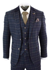 Cavani Shelby - meeste tumesinine kolmeosaline kalasabamustriga ruuduline ülikond vintage retro Peaky Blinders tviidülikond