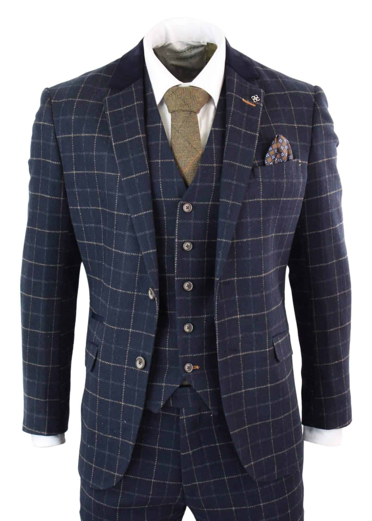 Cavani Shelby - meeste tumesinine kolmeosaline kalasabamustriga ruuduline ülikond vintage retro Peaky Blinders tviidülikond