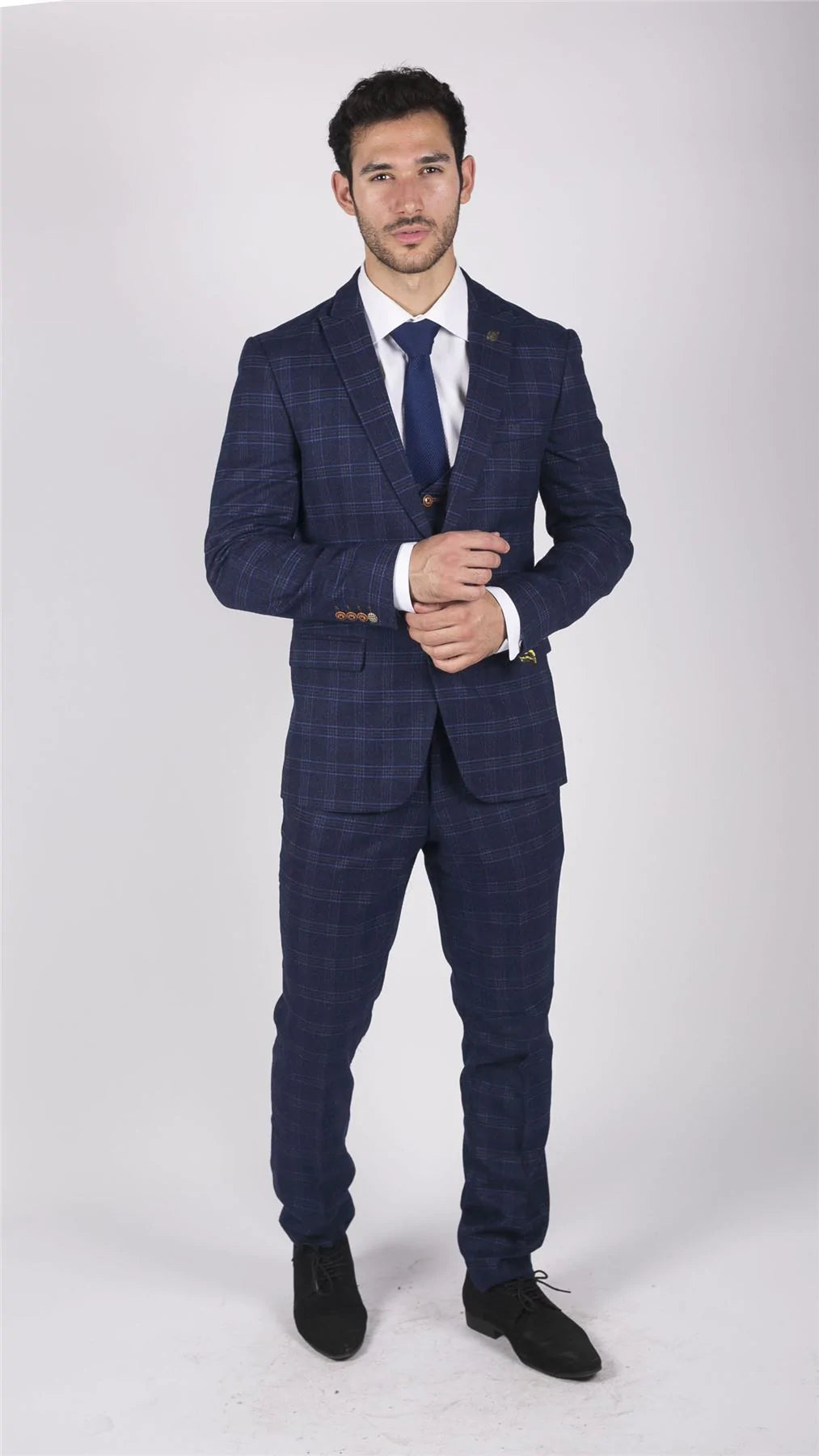 Meeste Marc Darcy sinise ruuduga kolmeosaline ülikond, elegantne ja vabaaja, kitsas lõige, Chigwell