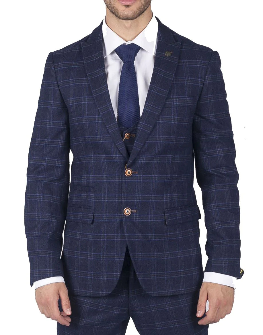 Meeste Marc Darcy sinise ruuduga kolmeosaline ülikond, elegantne ja vabaaja, kitsas lõige, Chigwell