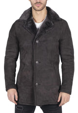 Meeste ehtsast lambanahast mantel, pruun, vintage klassikaline 3/4 jakk, nööpidega V-kaelusega