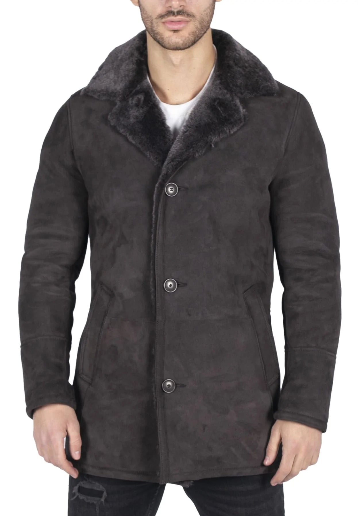 Meeste ehtsast lambanahast mantel, pruun, vintage klassikaline 3/4 jakk, nööpidega V-kaelusega