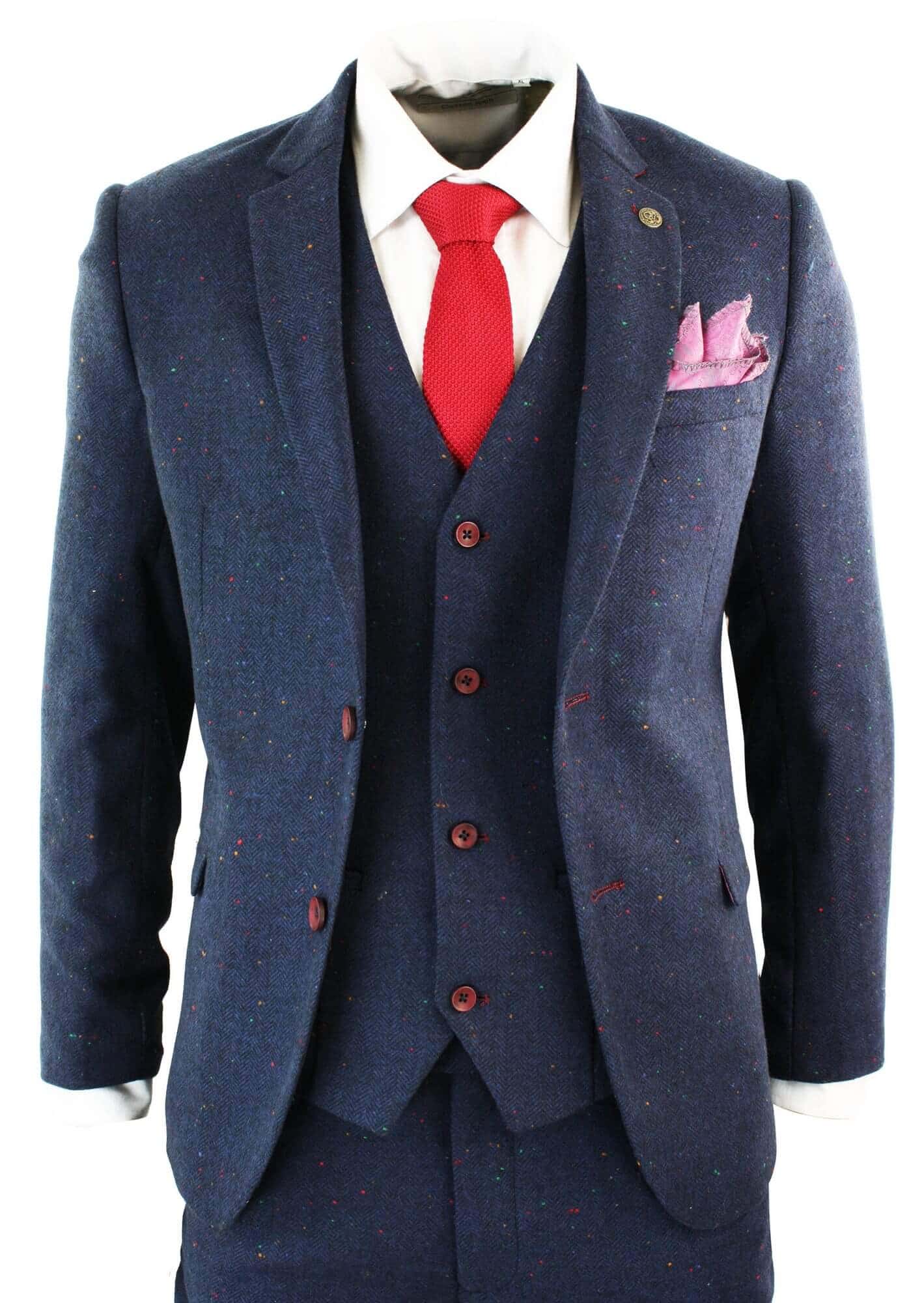 Meeste kolmeosaline tumesinine slim fit ülikond veinipunase äärisega