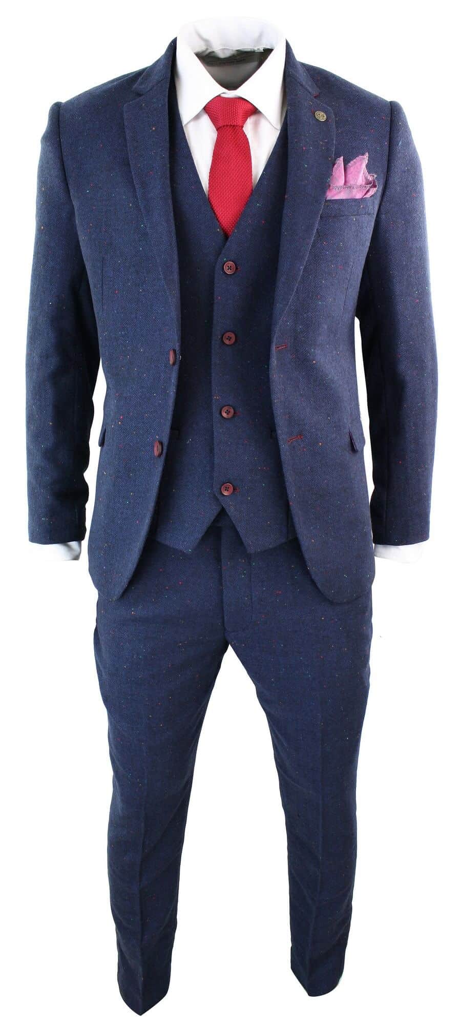 Meeste kolmeosaline tumesinine slim fit ülikond veinipunase äärisega
