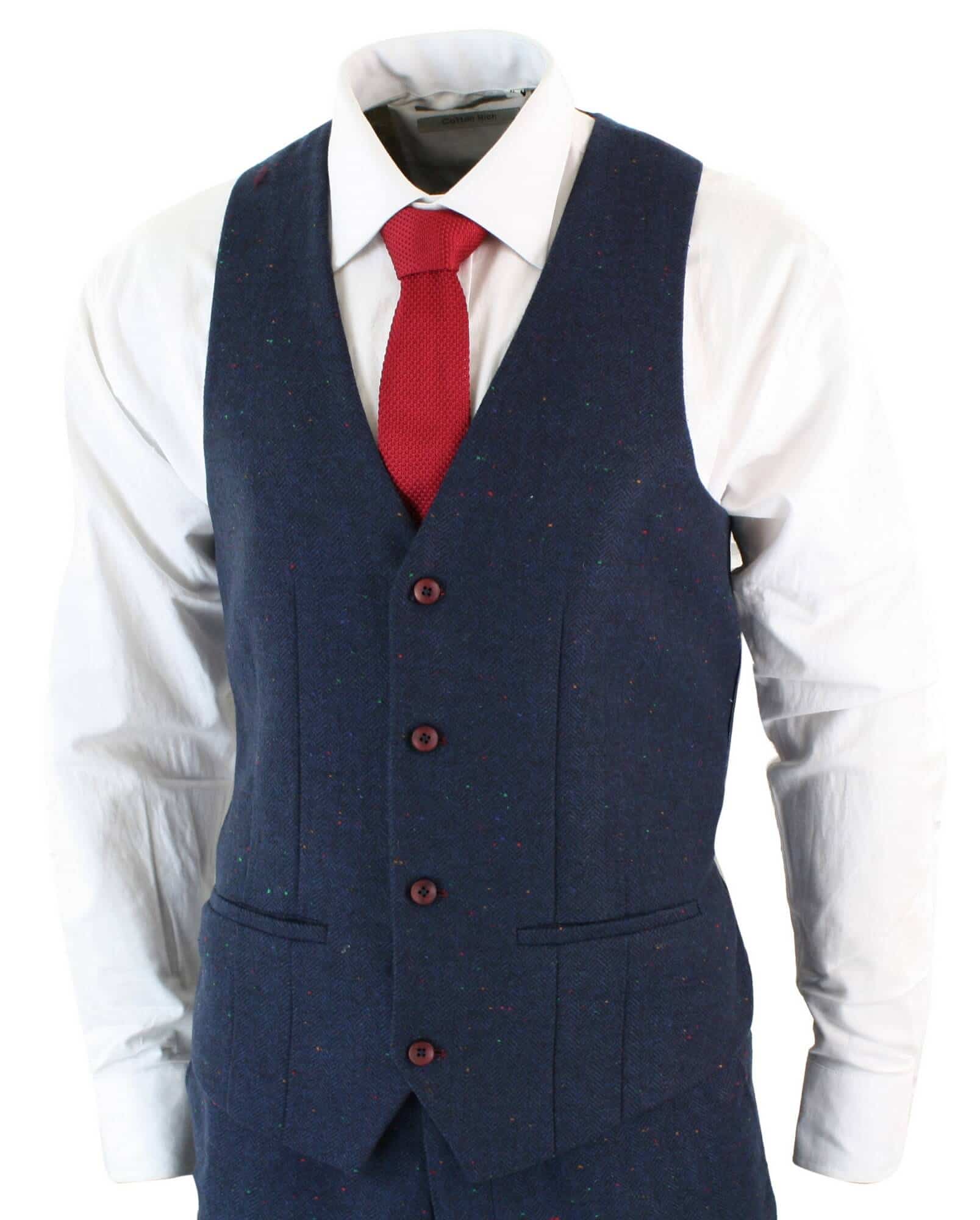Meeste kolmeosaline tumesinine slim fit ülikond veinipunase äärisega