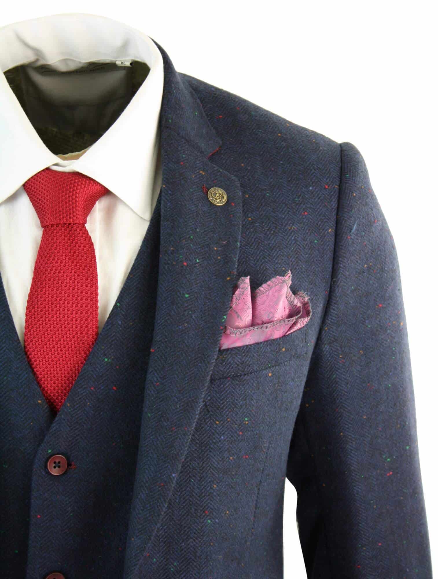 Meeste kolmeosaline tumesinine slim fit ülikond veinipunase äärisega