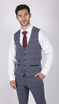 Meeste Marc Darcy sinine, hall, punaste ruududega kolmeosaline ülikond, elegantne ja vabaaja tviidülikond, kitsas lõige, drake