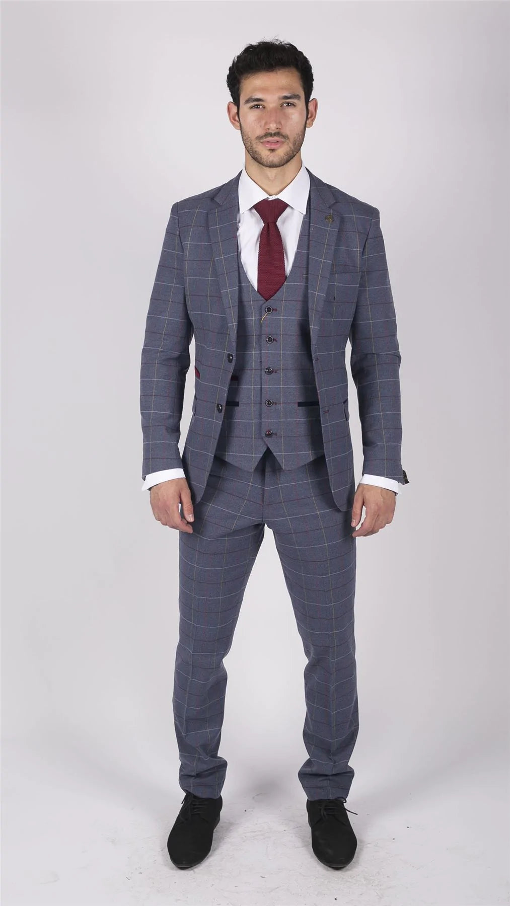 Meeste Marc Darcy sinine, hall, punaste ruududega kolmeosaline ülikond, elegantne ja vabaaja tviidülikond, kitsas lõige, drake