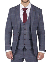 Meeste Marc Darcy sinine, hall, punaste ruududega kolmeosaline ülikond, elegantne ja vabaaja tviidülikond, kitsas lõige, drake