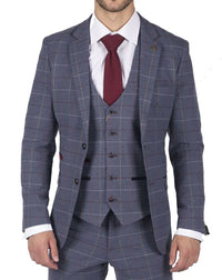 Meeste Marc Darcy sinine, hall, punaste ruududega kolmeosaline ülikond, elegantne ja vabaaja tviidülikond, kitsas lõige, drake