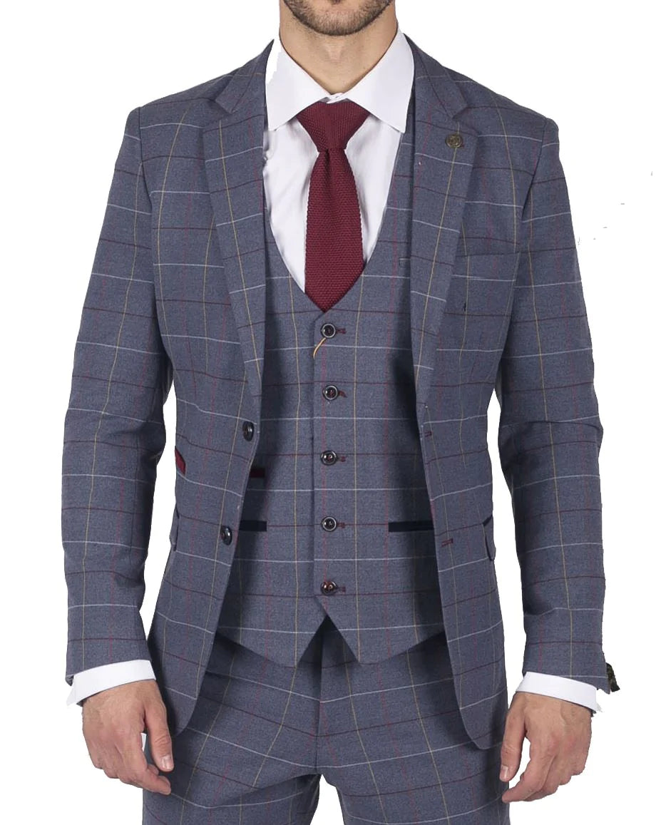 Meeste Marc Darcy sinine, hall, punaste ruududega kolmeosaline ülikond, elegantne ja vabaaja tviidülikond, kitsas lõige, drake