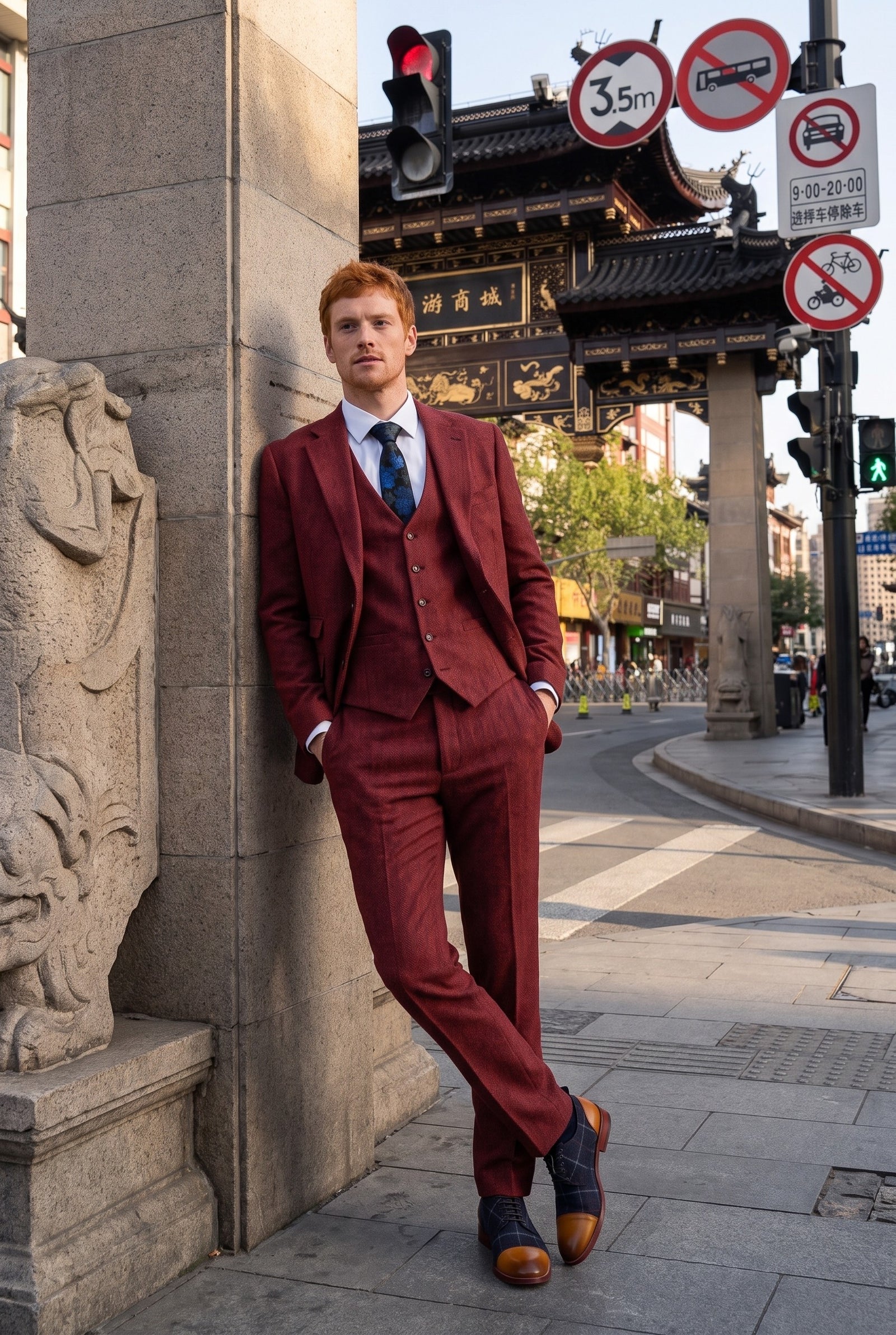 Look #271 styled with Meeste kalasabamustriga veinipunane kolmeosaline tviidülikond - STZ11