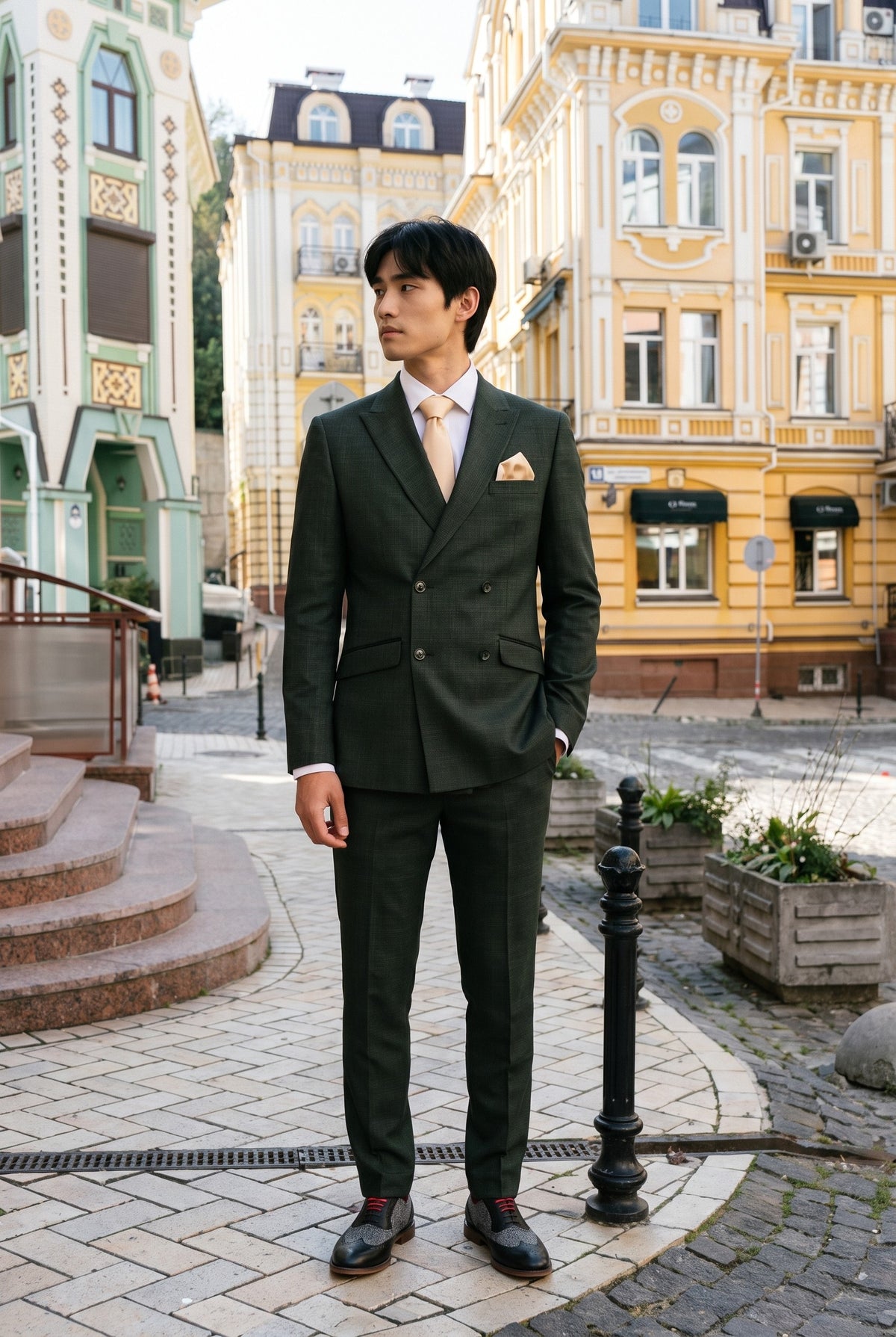 Look #780 styled with Caridi - meeste kaheosaline oliivroheline kaherealine ülikond