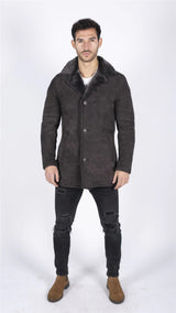 Meeste ehtsast lambanahast mantel, pruun, vintage klassikaline 3/4 jakk, nööpidega V-kaelusega