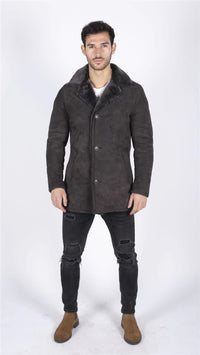 Meeste ehtsast lambanahast mantel, pruun, vintage klassikaline 3/4 jakk, nööpidega V-kaelusega