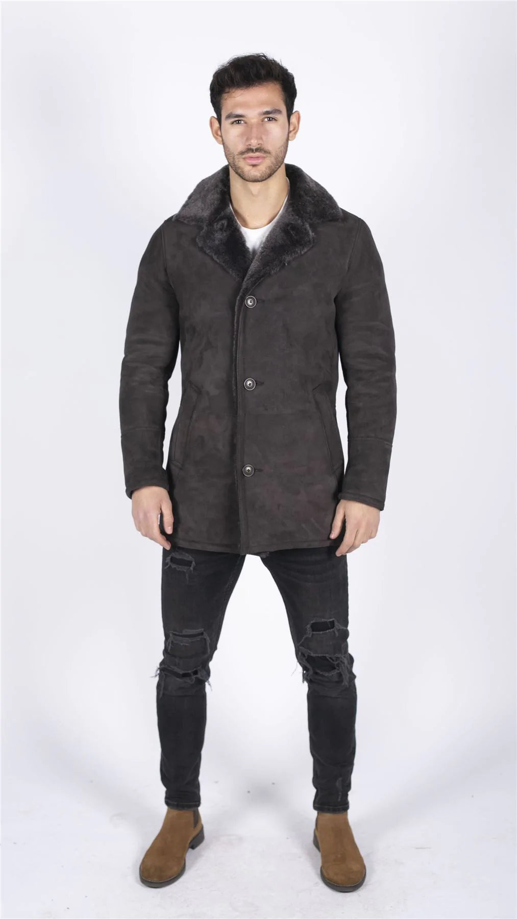 Meeste ehtsast lambanahast mantel, pruun, vintage klassikaline 3/4 jakk, nööpidega V-kaelusega