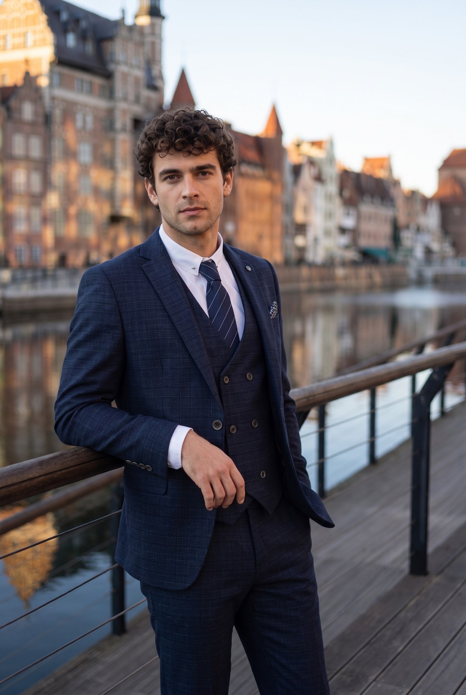 Look #344 styled with Luis - Meeste sinine ruuduline kitsas kolmeosaline ülikond