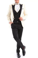 Meeste 3-osaline kreemikas must elevandiluu värvi ülikond kikilipsuga smokingu tseremoonia pulmapeigmehe lõpupidu