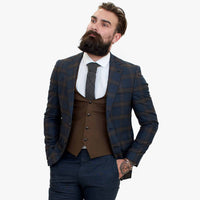 Happy Gentleman GRAZIE tumesinine villane kolmeosaline ülikond kontrastse pruuni vestiga