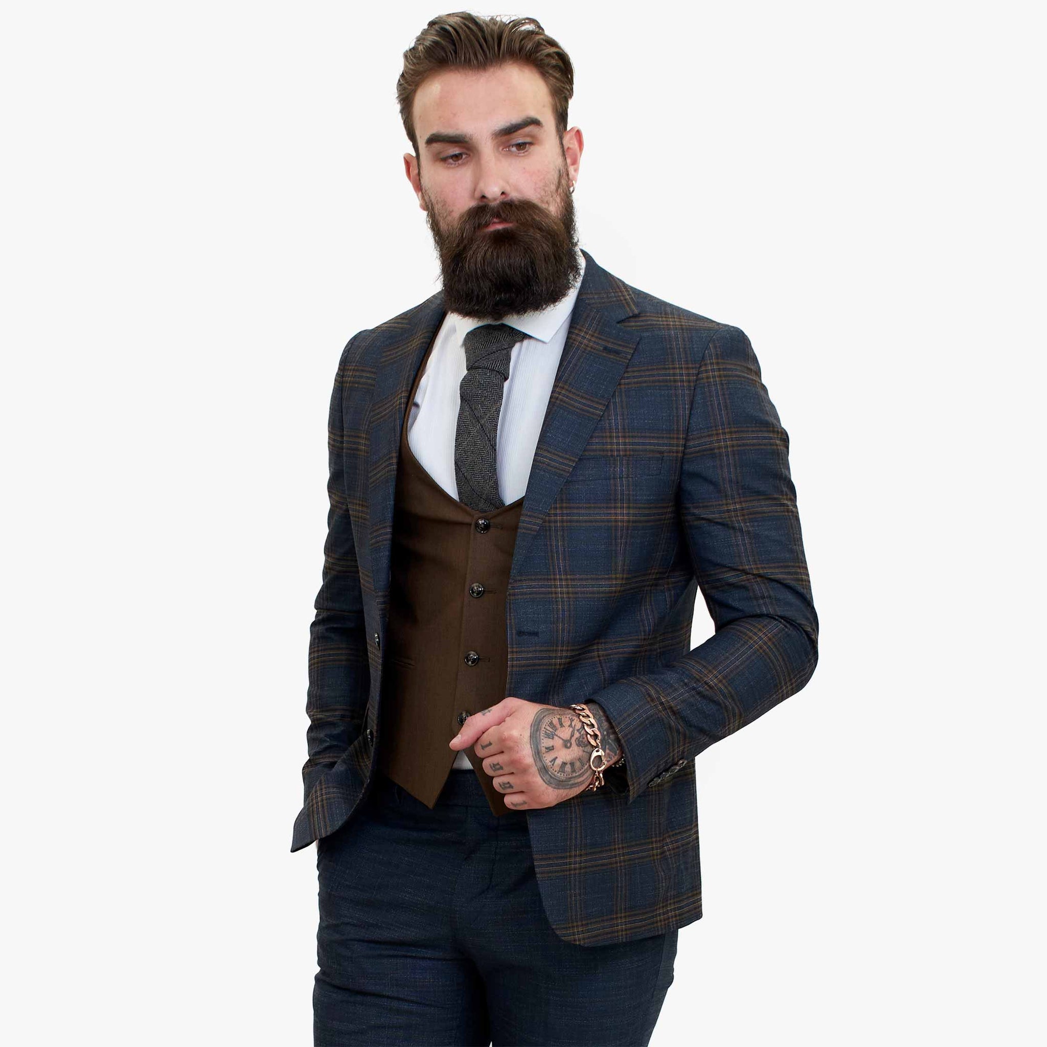 Happy Gentleman GRAZIE tumesinine villane kolmeosaline ülikond kontrastse pruuni vestiga
