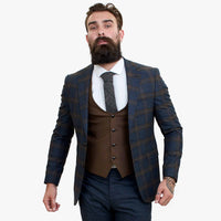 Happy Gentleman GRAZIE tumesinine villane kolmeosaline ülikond kontrastse pruuni vestiga