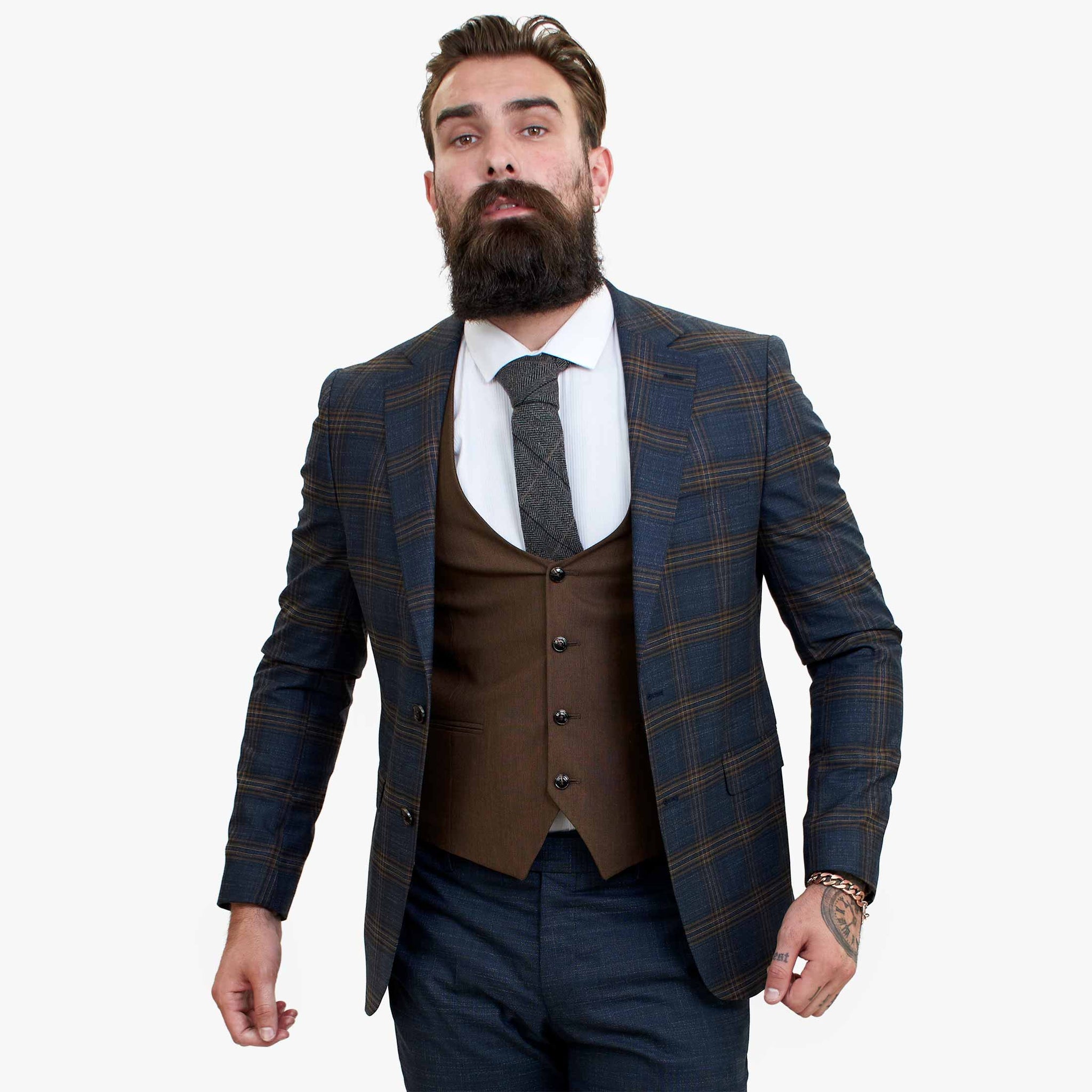 Happy Gentleman GRAZIE tumesinine villane kolmeosaline ülikond kontrastse pruuni vestiga