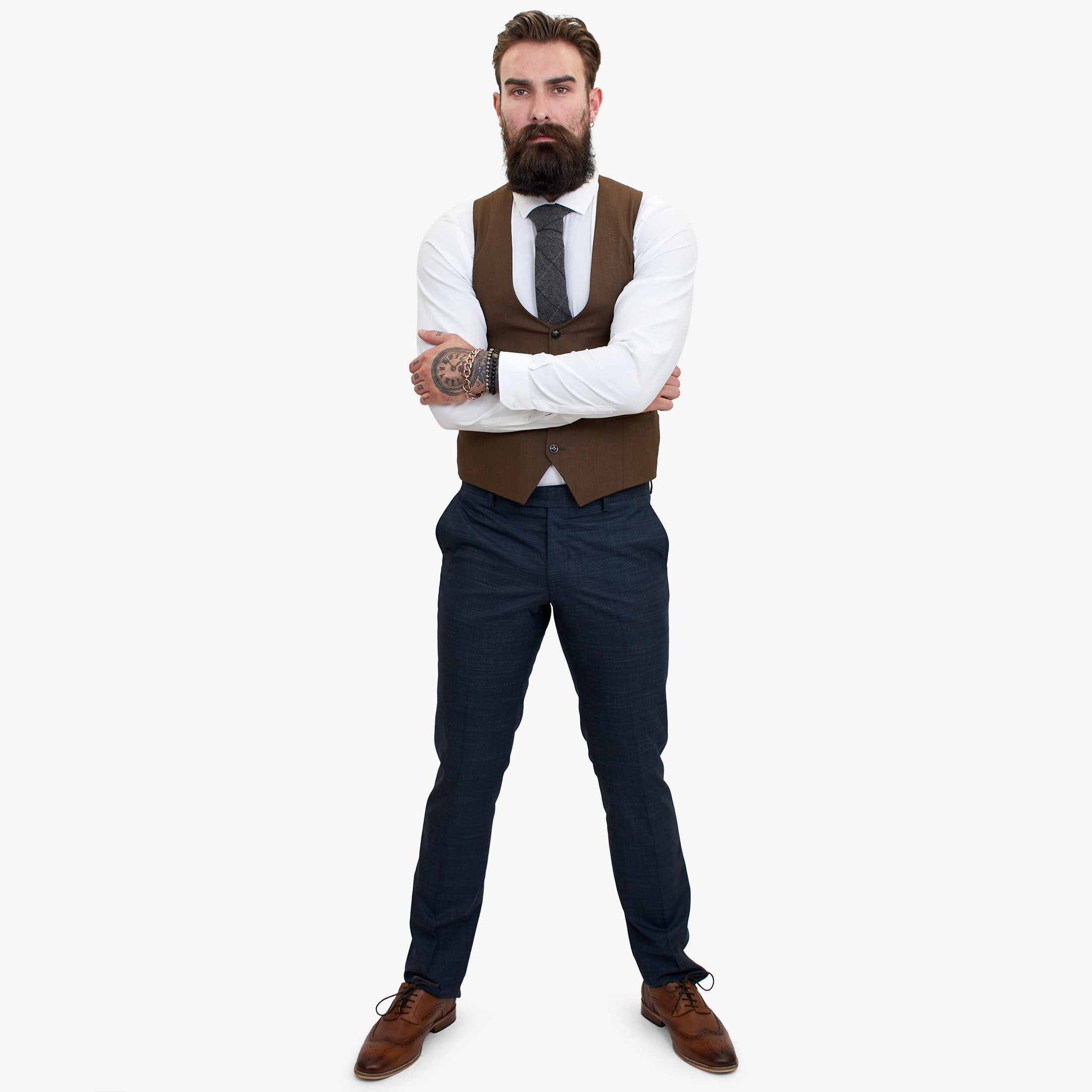 Happy Gentleman GRAZIE tumesinine villane kolmeosaline ülikond kontrastse pruuni vestiga