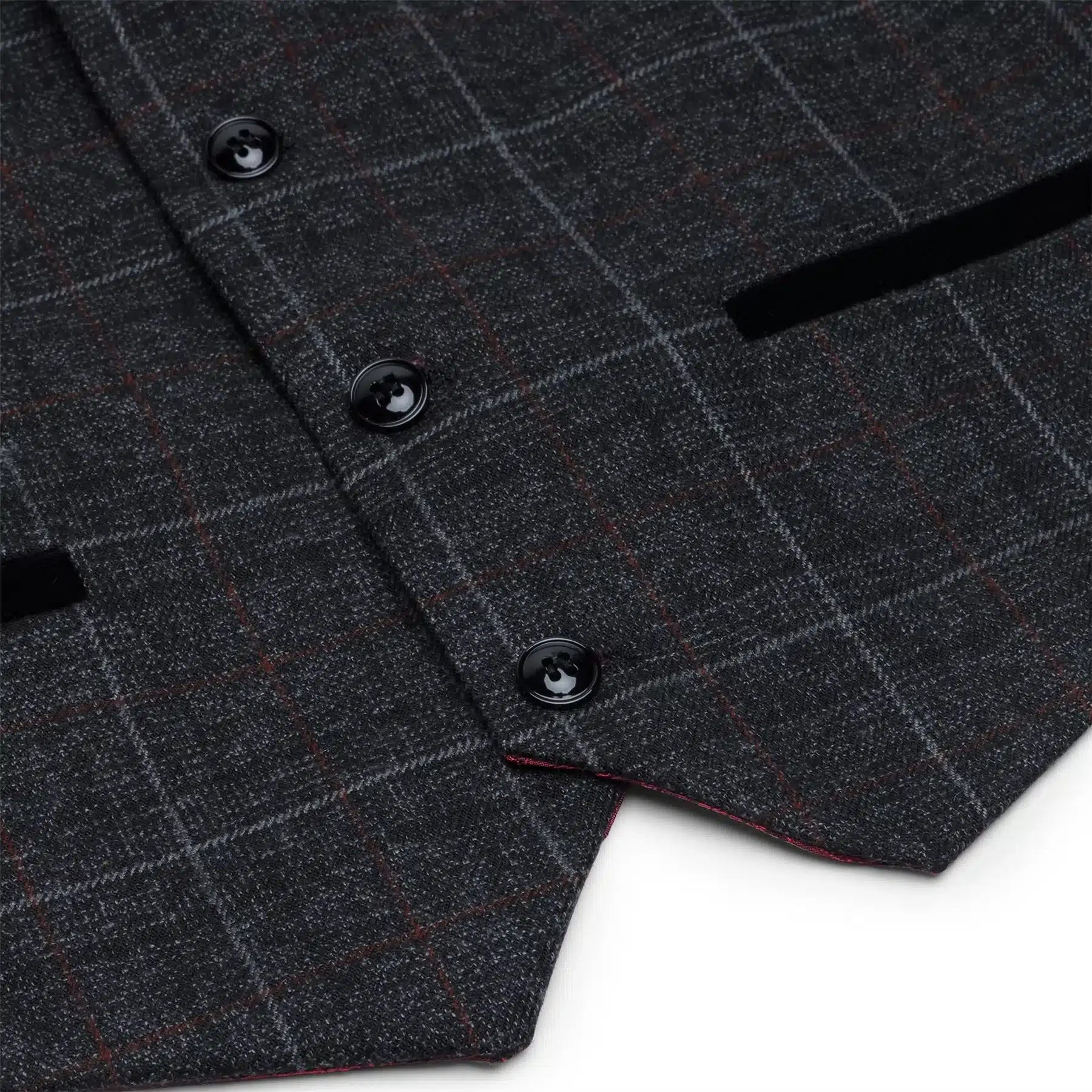 Poiste hallikasmust kolmeosaline tviidülikond kalasabamustriga veinipunane vintage retro