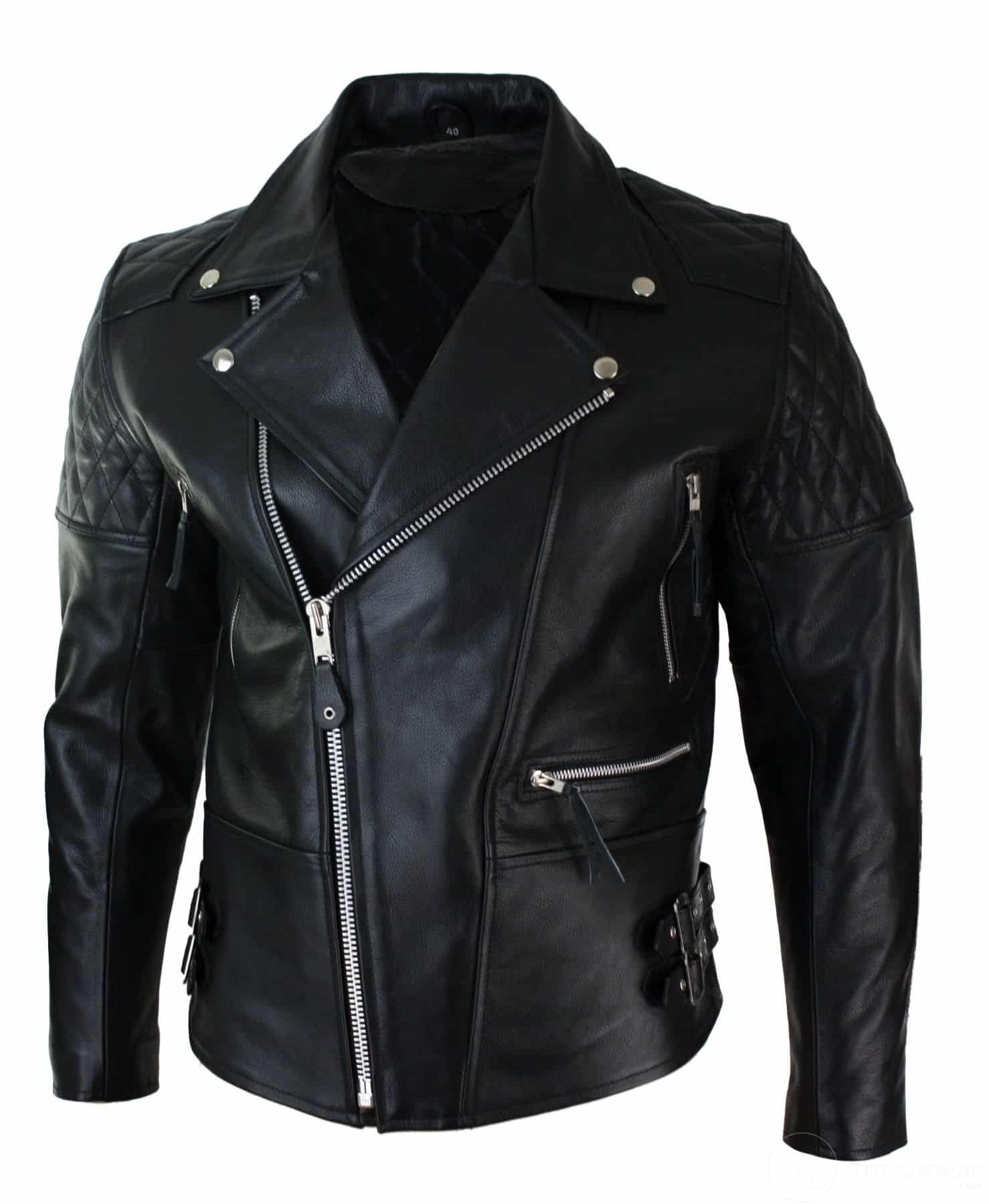 Ehtne nahk, risti lukuga, lehmanahast polsterdusega meeste bikerjakk, valge ja must, Brando Vintage-must