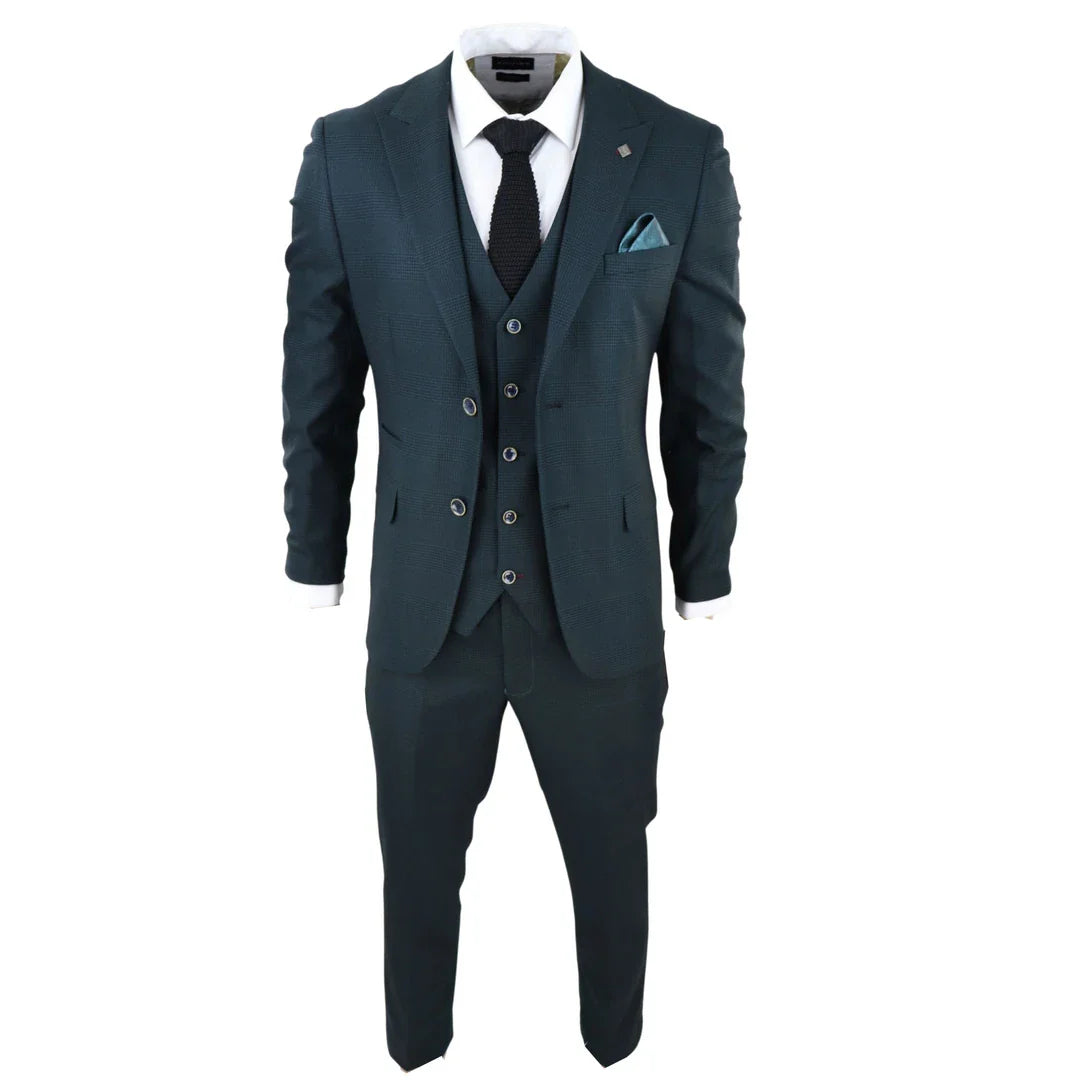 Jasperi meeste oliivroheline kolmeosaline ülikond musta ruudulise mustriga